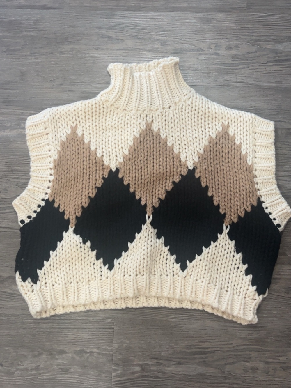 Vici Cream, Black & Tan Argyle Knit Sleeveless Turtleneck Vest